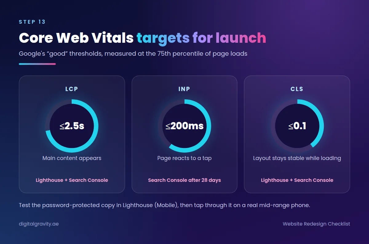 Core Web Vitals targets for a redesigned site: LCP under 2.5 seconds, INP under 200 ms and CLS under 0.1